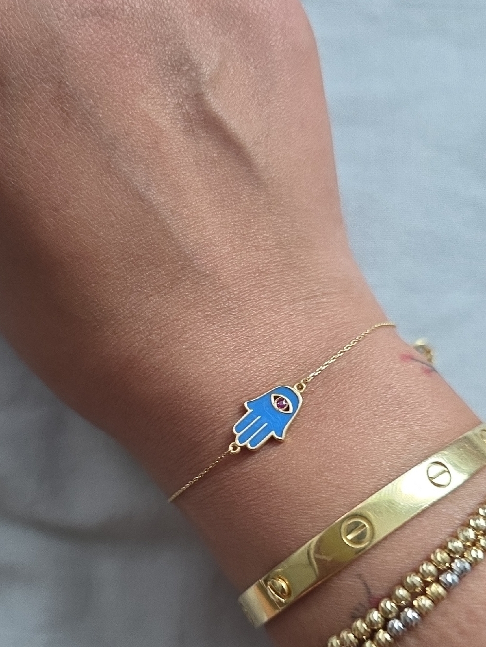 Gold Chain Bracelet with Blue Hamsa Hand Charm